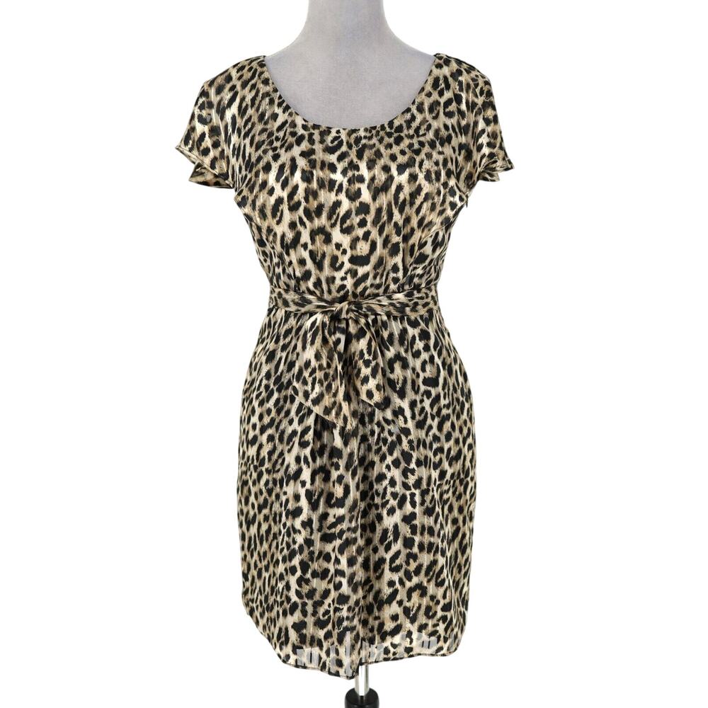 Guess Dress Womens 4 Beige Black Animal Print Chiffon Side Zip Tie Waist Lined